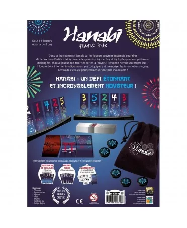 dos de la boite du jeu "Hanabi" Grands Feux"