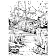 Dessin d'un chat, dans un bateau de pirates